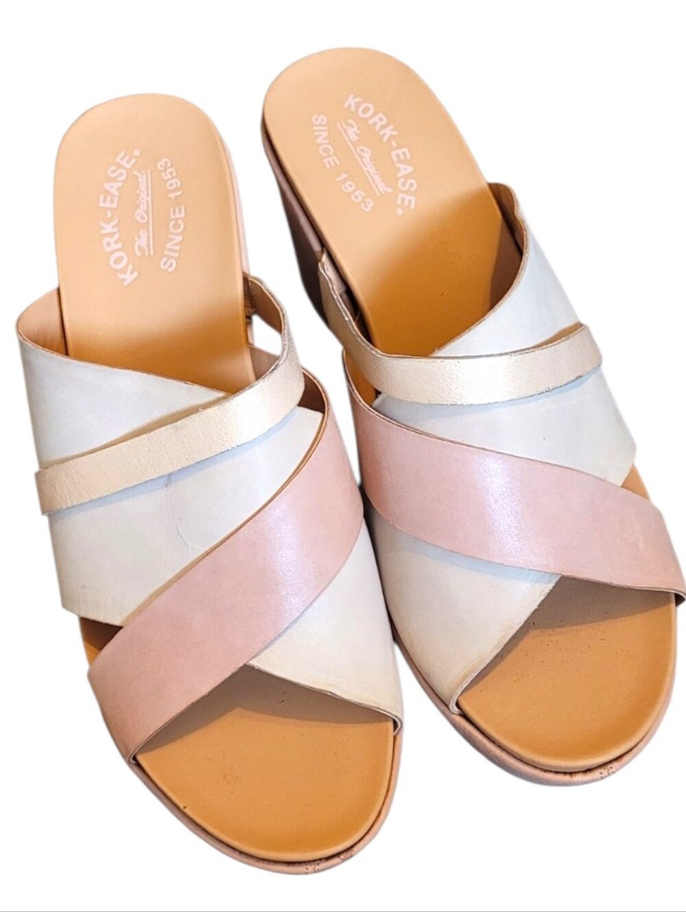 Kork-Ease Women's Blush, White & Gold Leather Strappy Wedge Sandals Size 11